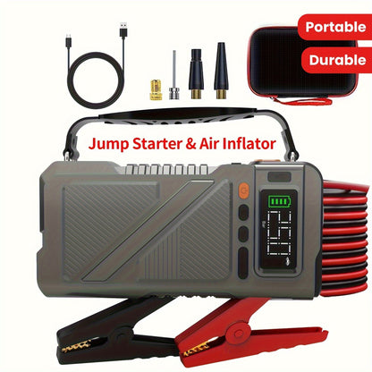 Démarreur portable 6000 A/9000 A avec compresseur d'air 150 PSI – Boîtier de démarrage 7-en-1 avec gonfleur de pneus numérique et batterie externe pour moteurs à essence (10 L) et diesel (9,0 L), démarreur de voiture avec ports USB