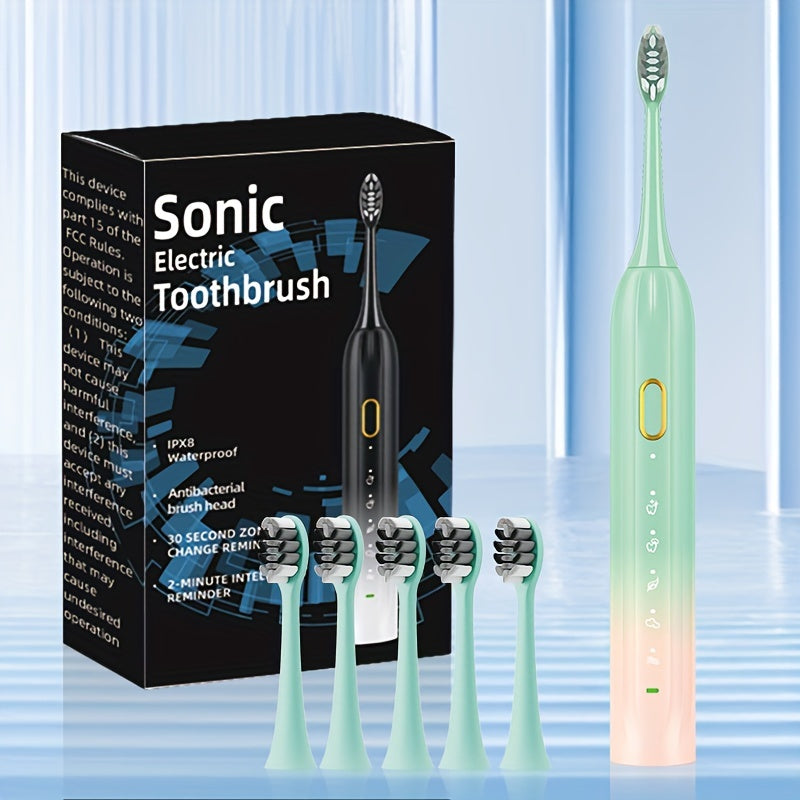 Sonic Electric Toothbrush IPX8 Waterproof USB Rechargeable with 5 Replacement Brush Heads Smart Timer Metal Shaft for Adults Men Women Couple Style Rechargeable Oral Care