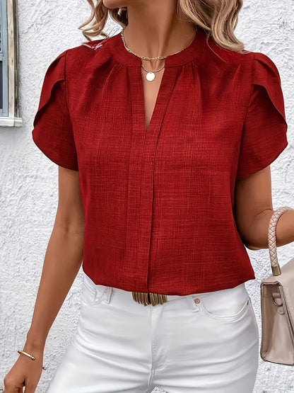 Women's Petal Sleeve V-Neck Shirt Elegant Notched Collar Solid Color Blouse Spring Summer Fall Top S-XL 6 Colors