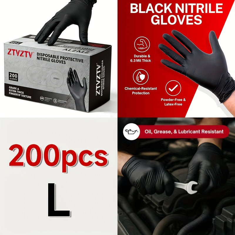 Gants jetables en nitrile noir, boîte de 200, sans latex, résistants aux produits chimiques, haute densité, coupe flexible, usage industriel pour le nettoyage, le tatouage, la peinture, le lavage de voiture – S M L XL