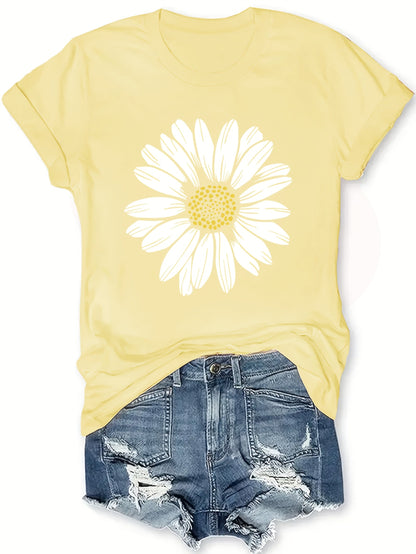T-shirt à col rond imprimé marguerites pour femme | Hauts d'été décontractés pour femme, t-shirts à manches courtes avec motif floral mignon S M L XL XXL