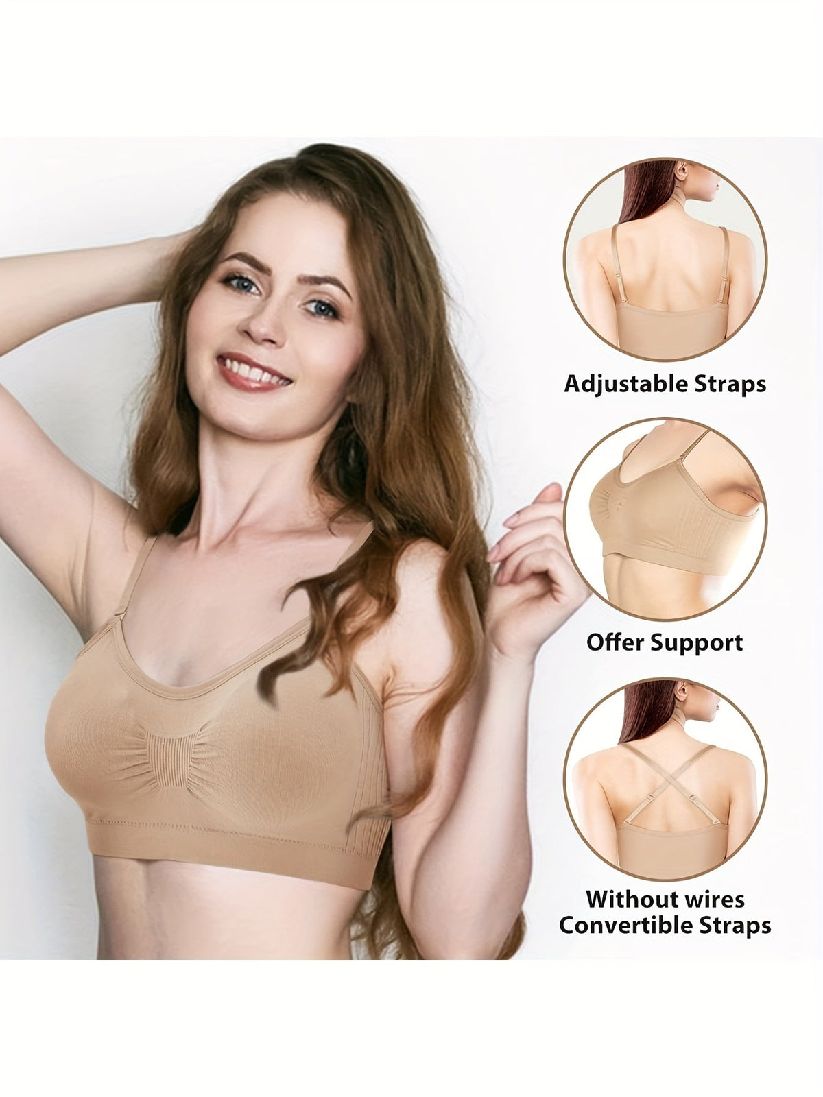 Lot de 4 brassières débardeurs à col en V avec coussinets – Soutien-gorge de sport sans armatures avec bretelles réglables pour femme, ensemble de brassières douces avec coussinets pour le quotidien, tailles S-XL, couleurs rouille, beige, vert, bleu