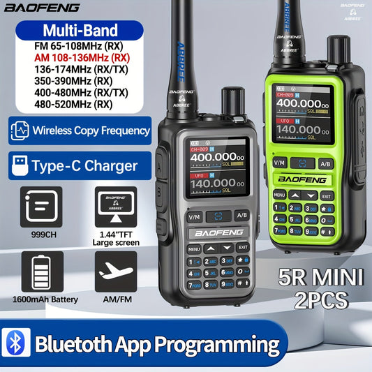 Lot de 2 radios amateur Baofeng UV-5RMini – Talkie-walkie longue portée, rechargeable par USB-C, 999 canaux, alertes météo NOAA, double PTT, programmation via application pour la chasse, le camping, la pêche, le ski et la survie