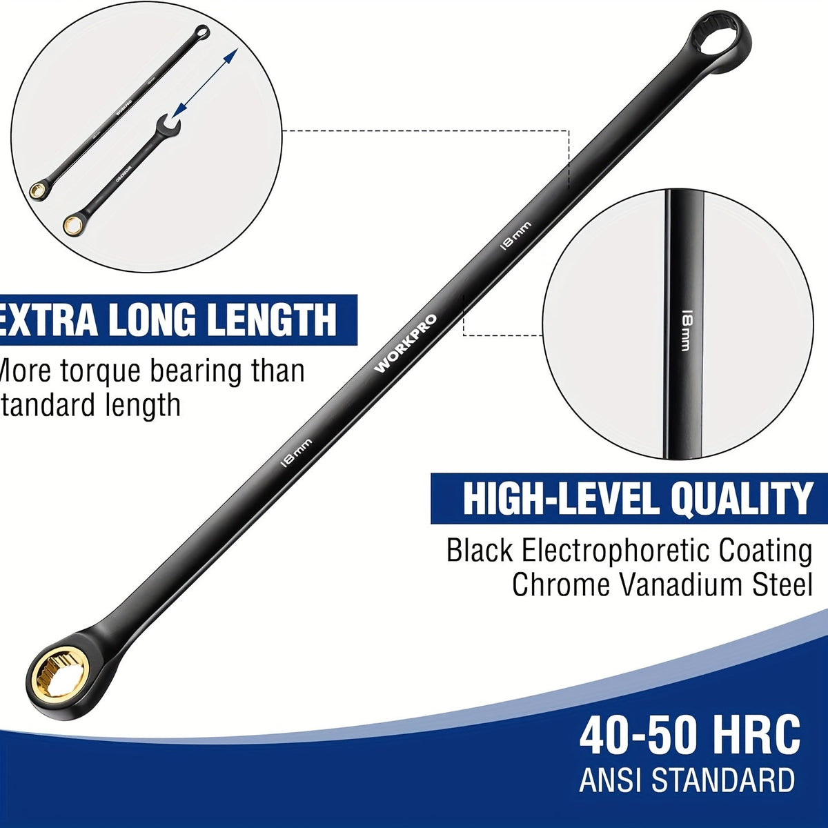 WORKPRO Jeu de 10 clés à cliquet extra-longues – Clés polygonales antidérapantes, métriques 8-19 mm, 72 dents, acier au chrome-vanadium, revêtement électrophorétique noir, pochette de rangement incluse, kit d'outils à main professionnel