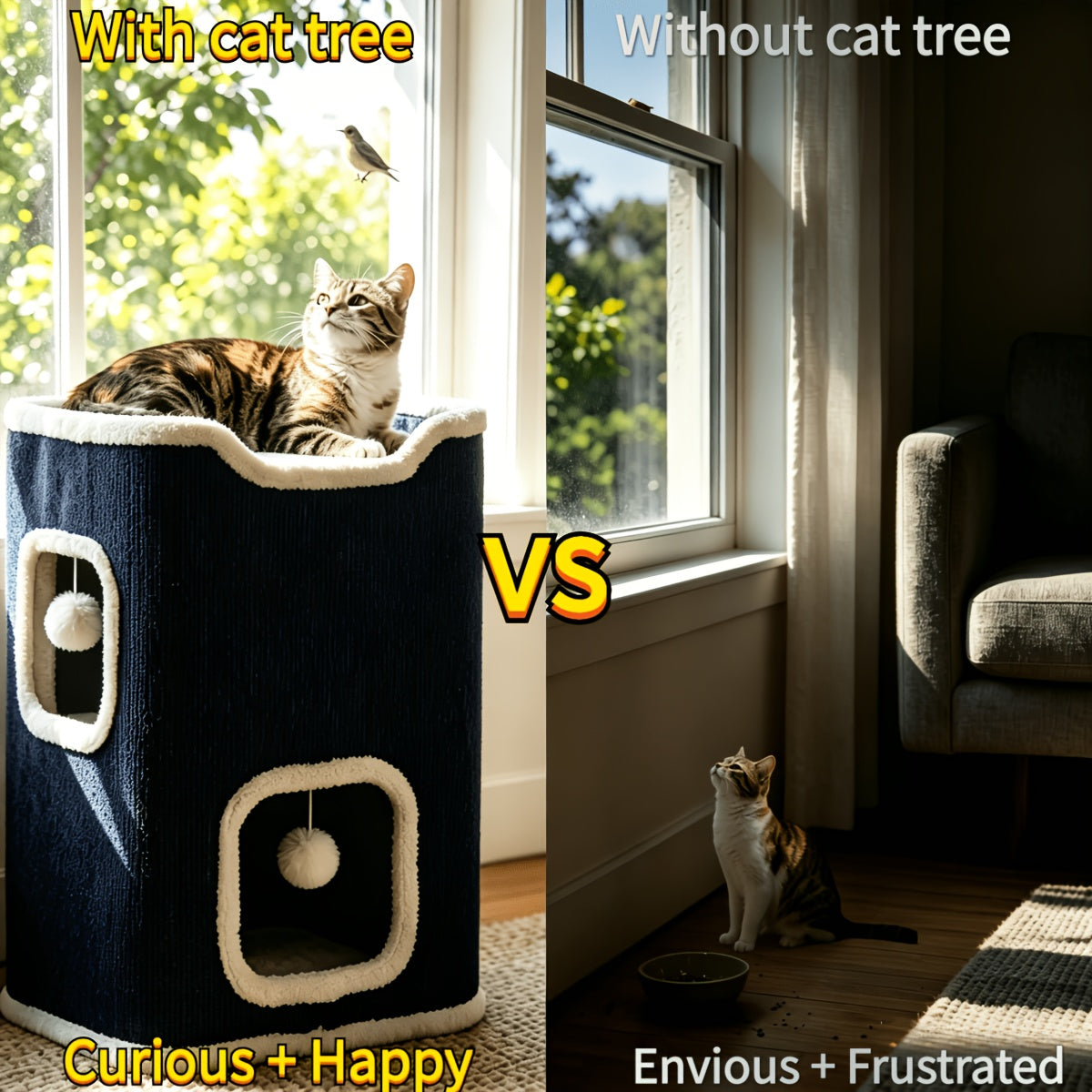 Arbre à chat pliable multi-niveaux pour chats d'intérieur – Griffoir, perchoir confortable, niche avec balle suspendue, refuge, panier douillet, options 1/3/4 étages
