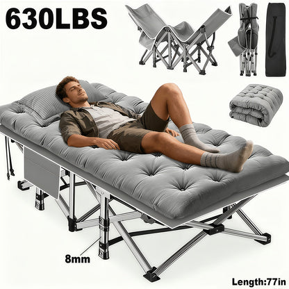 Lit pliant ultra-résistant supportant jusqu’à 285 kg avec matelas en option – Lit de camp portable avec pieds de support multiples, poches latérales et oreiller, lit d'appoint toutes saisons de 150 à 195 cm, peu encombrant