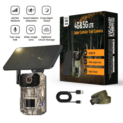 Caméra de chasse solaire 4G LTE 1920P HD – Caméra animalière cellulaire avec capteur de mouvement PIR, vision nocturne infrarouge, audio bidirectionnel, accès à distance, sans Wi-Fi requis, étanchéité IP65, alimentation solaire