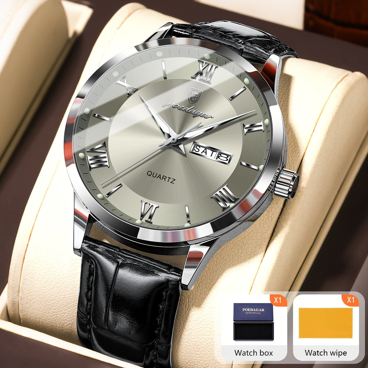 Montre à quartz pour homme POEDAGAR, étanche, cadran lumineux, affichage du calendrier et de la semaine – Montre-bracelet analogique de sport décontracté, boîtier en alliage, 11 couleurs argent, or, noir, bleu, cadeau pour homme
