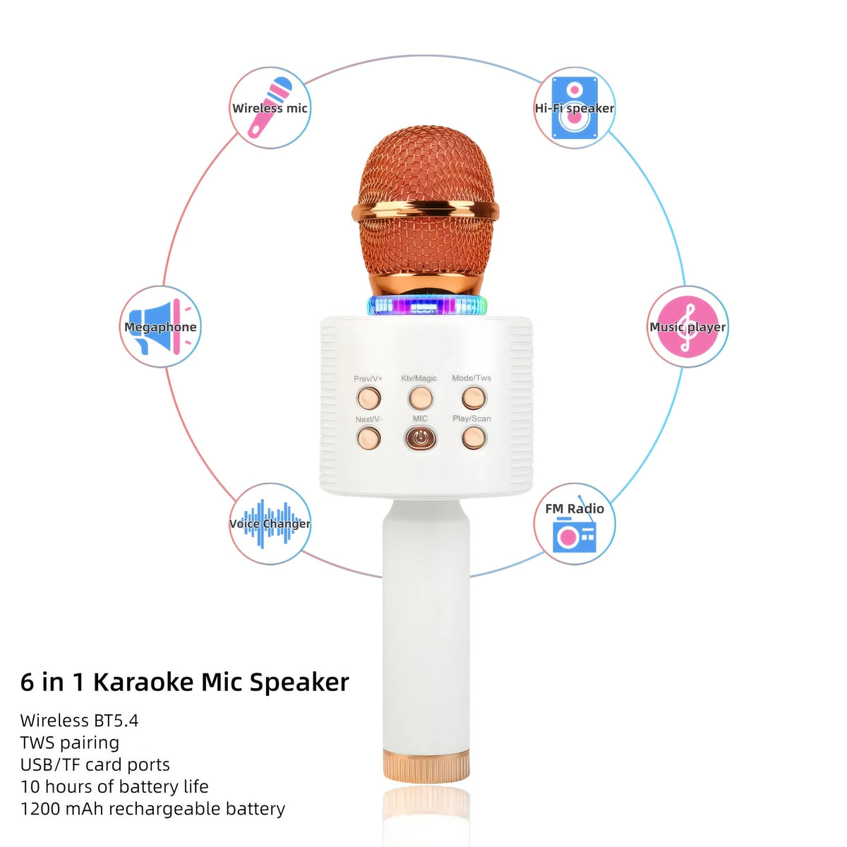 Microphone karaoké sans fil 5-en-1 avec haut-parleur intégré, lumières LED et changeur de voix – Micro de chant Bluetooth portable pour fêtes, réunions de famille, voyages et activités en plein air, 10 couleurs
