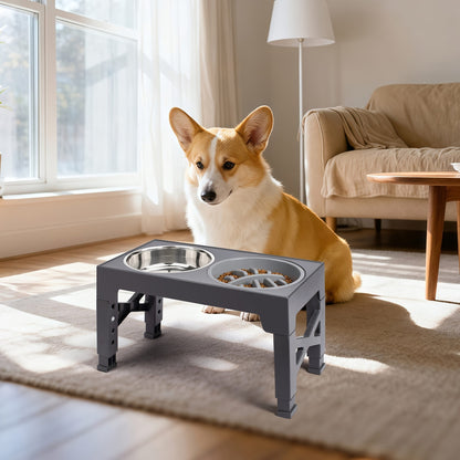 Support surélevé ajustable pour gamelles de chien avec lot de 3 gamelles – 5 hauteurs de 8,1 à 31 cm, 2 gamelles en acier inoxydable + gamelle anti-glouton pour petits, moyens et grands chiens, mangeoire surélevée noire ou grise