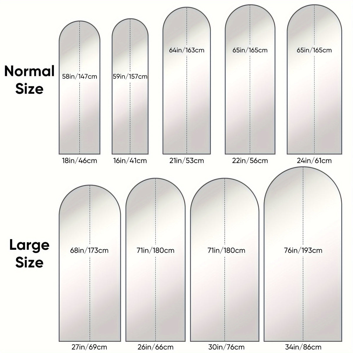 Miroir sur pied pleine longueur à sommet cintré – Miroir plein corps avec support pour chambre, salon et dressing, peut être fixé au mur, disponible en 3 tailles et 2 coloris (noir et doré)