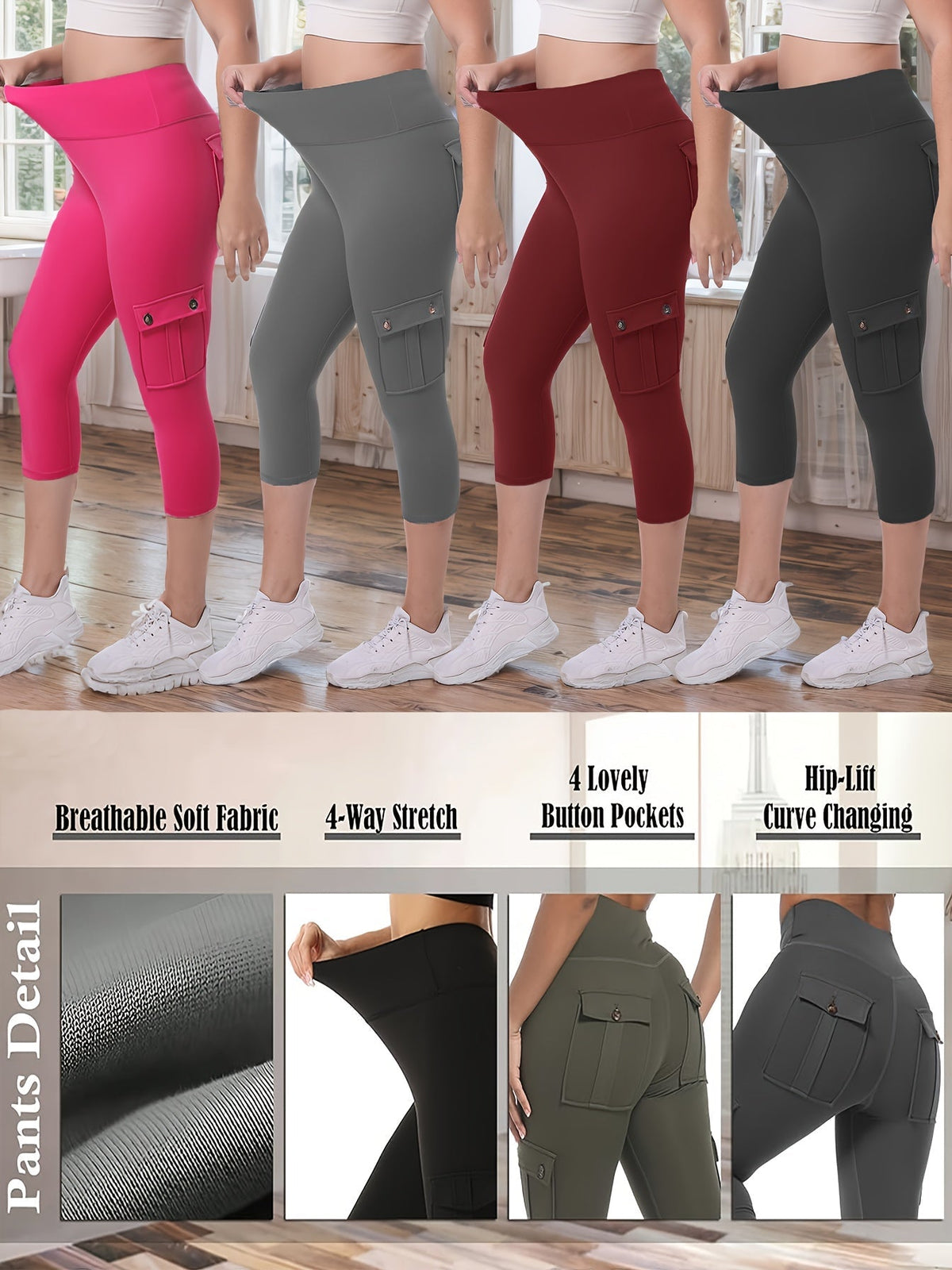 Lot de 4 pantalons de yoga Capri taille haute pour femmes, extensible dans les 4 sens, galbant, gainant, 4 poches - Leggings de sport pour la course, S-XXL, toutes saisons