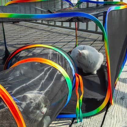 Enclos extérieur portable pour chat avec tunnel de jeu – Parc grillagé sans cage et aire de jeu fermée pour chats d’intérieur et petits animaux, tente sécurisée pour accès extérieur dans le jardin, sur la terrasse ou en camping