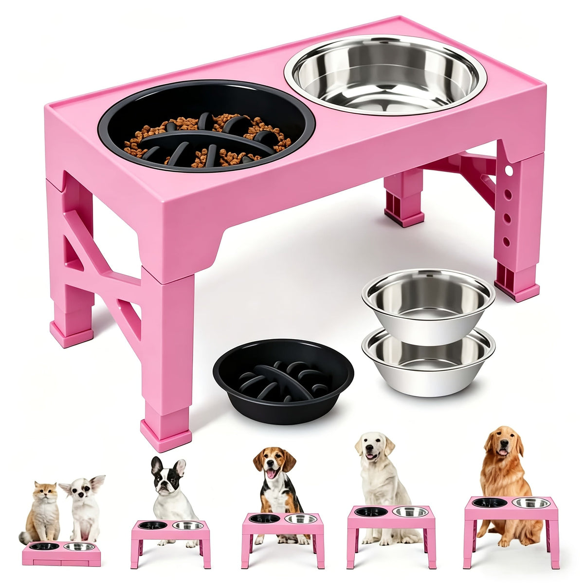 Support de gamelle réglable en hauteur avec gamelle anti-glouton et bol en acier inoxydable – Station de nourriture pliable à 5 niveaux pour chiens et chats de taille moyenne à grande, noir et rose