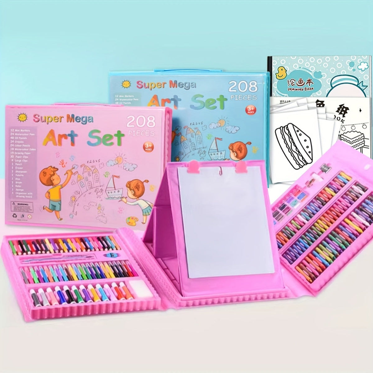 Set de 228 pièces pour activités artistiques pour enfants, kit de dessin et peinture de luxe avec pastels à l'huile, crayons de cire, feutres colorés et acryliques, pinceaux aquarelle et bloc à dessin, cadeau pour enfants