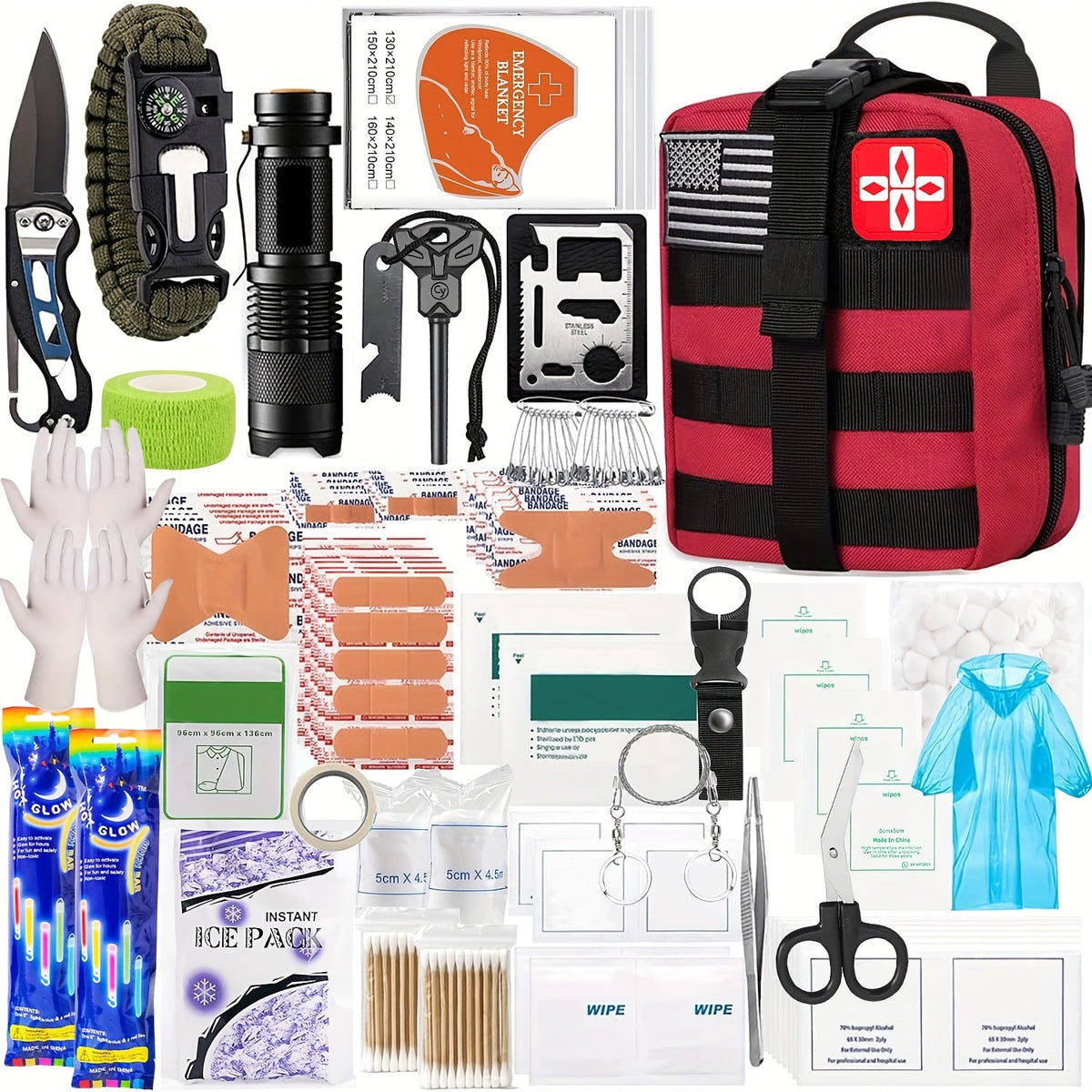 Kit de survie professionnel de 14, 152 ou 258 pièces – Équipement de survie d'urgence en plein air avec allume-feu, boussole et outil multifonction pour le camping, la randonnée et l'aventure, le meilleur cadeau pour hommes et femmes