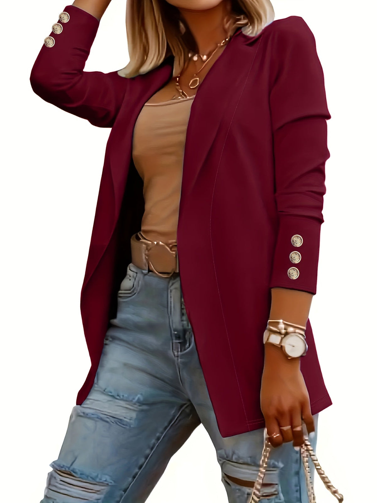 Manteau cardigan pour femme couleur unie longueur midi col à revers manches longues bouton décoratif devant ouvert pull cardigan en maille