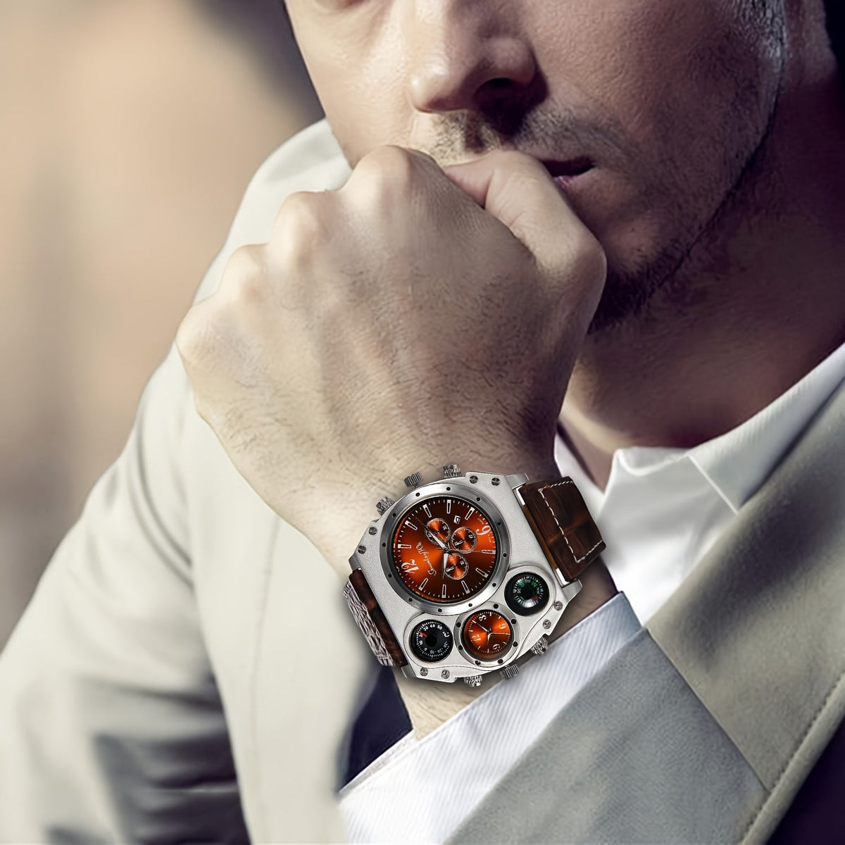 Montre à quartz pour homme à double fuseau horaire et grand cadran – Bracelet en similicuir, aiguilles lumineuses, boîtier en acier inoxydable, montre-bracelet sport décontractée pour homme, cadeau idéal