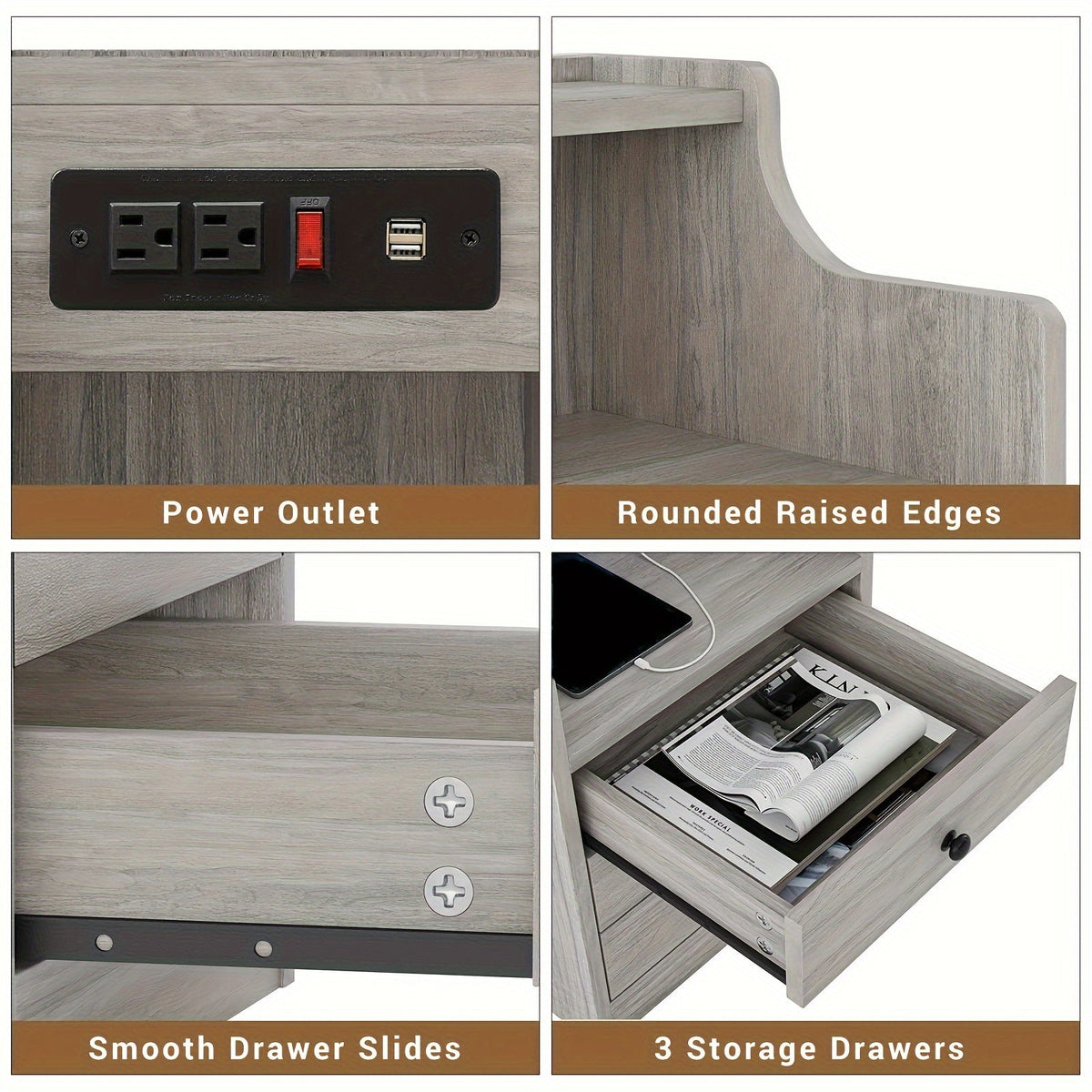 Table de chevet avec station de charge – 2 ports USB et 2 prises, étagère et 3 tiroirs, bout de canapé pour chambre, salon et bureau, gris ou blanc