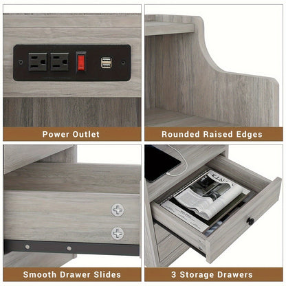 Table de chevet avec station de charge – 2 ports USB et 2 prises, étagère et 3 tiroirs, bout de canapé pour chambre, salon et bureau, gris ou blanc
