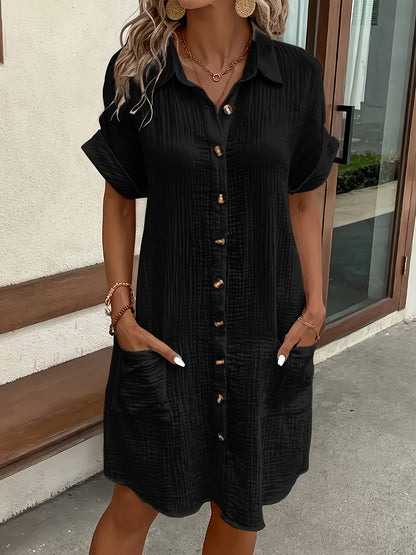 Women's Solid Color Lapel Collar Button-Down Sleeveless Shirt Dress – Breathable Knee-Length Vintage Flutter Sleeve Casual Dress for Spring Summer