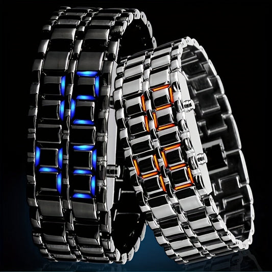 Montre numérique LED Lava pour hommes, femmes et adolescents – Montre-bracelet stylée en acier inoxydable pour couples, affichage LED bleu et rouge, style décontracté pour l'extérieur, 3 couleurs, cadeau pour étudiants