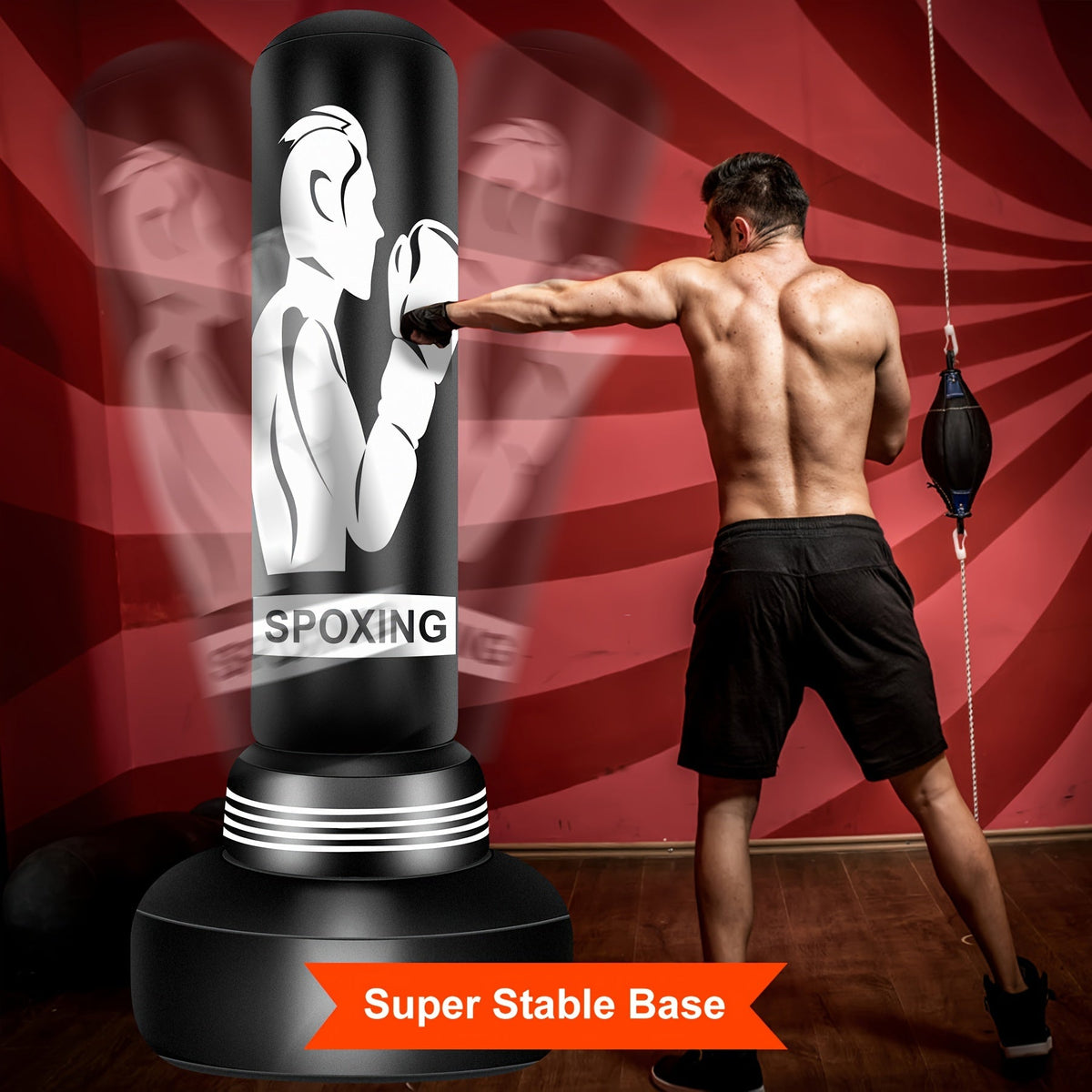 Sac de frappe sur pied 178 cm avec gants de boxe et pompe à air électrique | Sac de frappe gonflable pour adultes, hommes, femmes et adolescents | Gym à domicile, MMA, Muay Thai, kickboxing, entraînement fitness | Noir