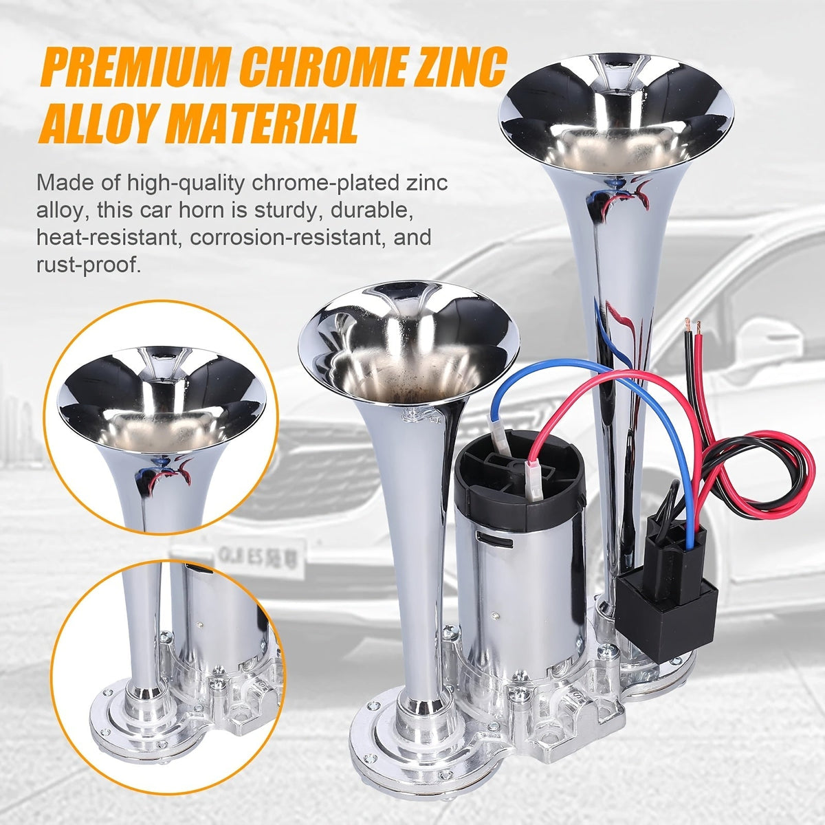 Avertisseur sonore double tube ultra-puissant 130 dB 12 V/24 V – Alliage d'aluminium avec compresseur, installation rapide pour camions, SUV, motos, bateaux et véhicules tout-terrain