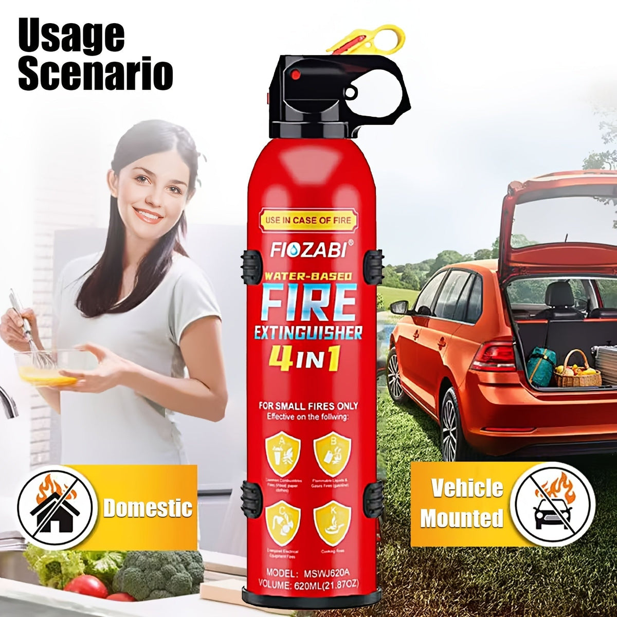 Spray extincteur portatif 4-en-1 à base d'eau avec support pour maison, voiture, cuisine, garage – Classé 0.5-A:21-B:C:5K – Pack de 1, 8 ou 24 bouteilles pour la sécurité de la famille et du véhicule