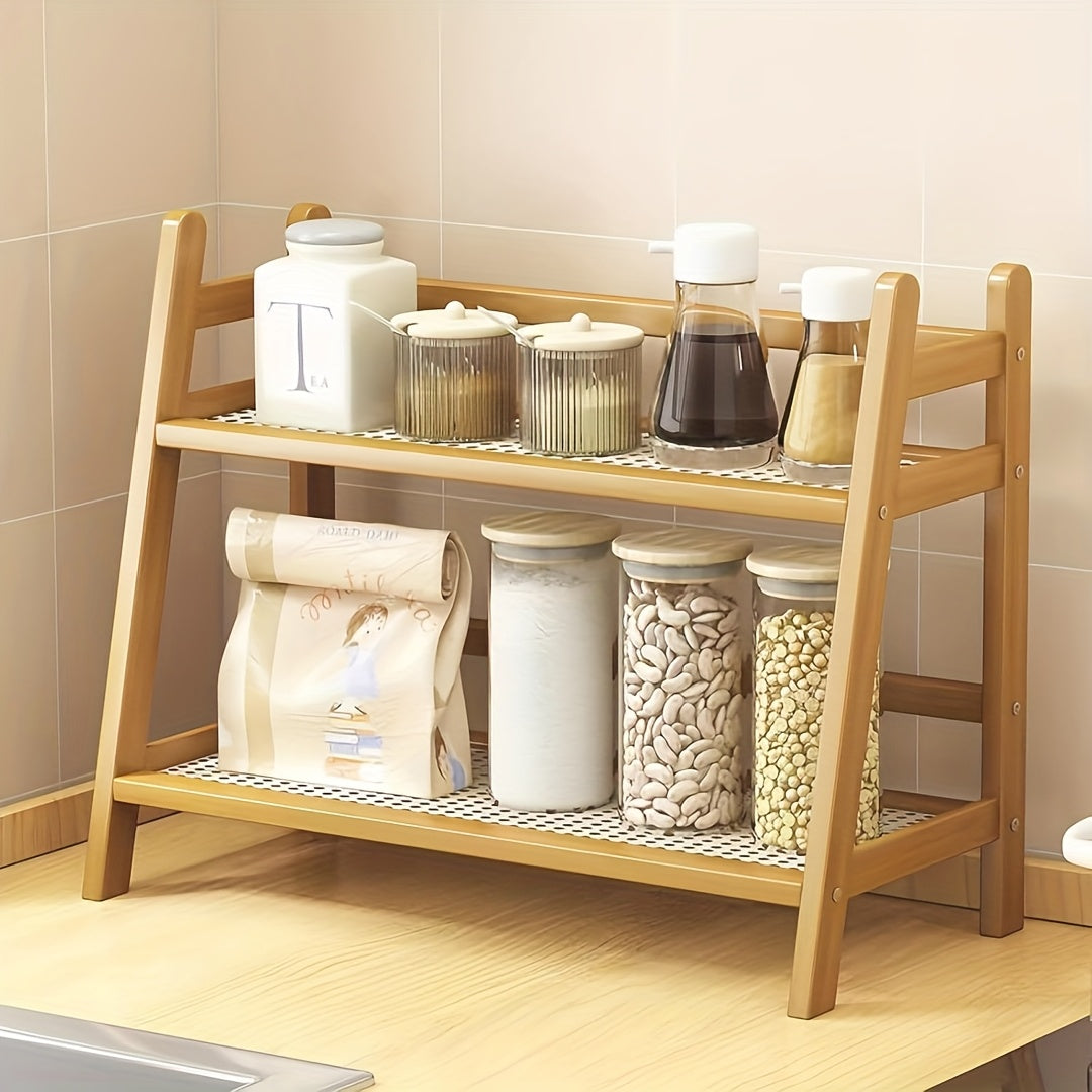 Étagère de comptoir en bois à 2 niveaux, design trapézoïdal vintage, organisateur de bureau en bambou pour cuisine, bureau, chambre, étagère de comptoir gain de place pour tasses à café, livres, décoration – Lot de 1 ou 2, grand et moyen