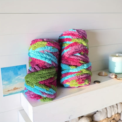 Fil chenille épais, 2 écheveaux de 500 g, laine pour tricot et crochet, rayé multicolore, polyester doux, extra épais, pelucheux, cadeau DIY pour femmes et hommes