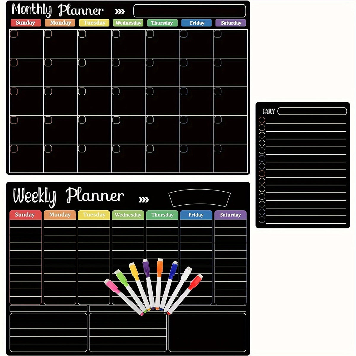 Ensemble de 3 tableaux magnétiques effaçables à sec Hivillexun – Tableaux de planification mensuel, hebdomadaire et quotidien pour réfrigérateur et mur, calendrier organisateur familial avec 8 marqueurs effaçables inclus