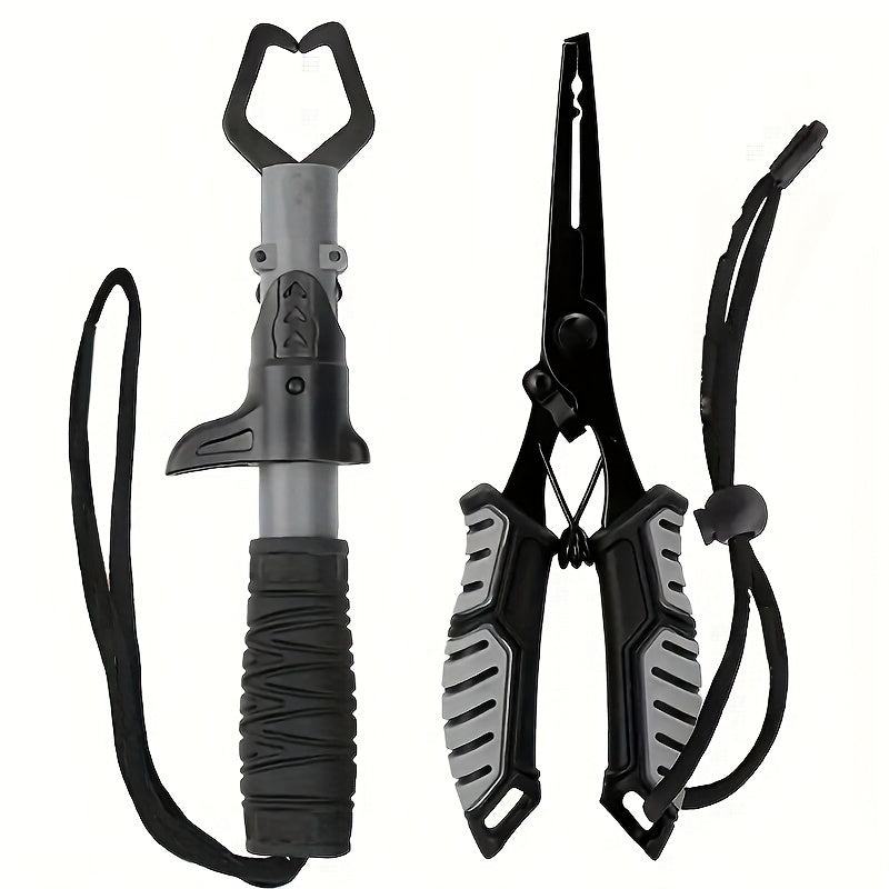 Ensemble pince de pêche et pince à poisson 2 pièces en acier inoxydable avec poignée confort TPR, verrou à ressort, dégorgeoir, coupe-fil et cordon - Outil de pêche essentiel en eau douce et en eau salée, cadeau pour pêcheurs