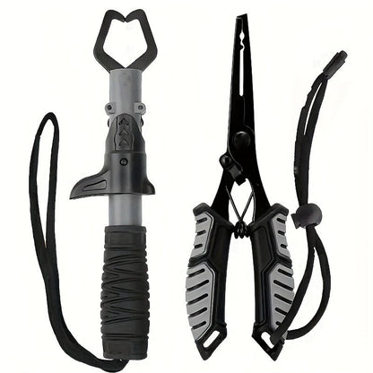 Ensemble pince de pêche et pince à poisson 2 pièces en acier inoxydable avec poignée confort TPR, verrou à ressort, dégorgeoir, coupe-fil et cordon - Outil de pêche essentiel en eau douce et en eau salée, cadeau pour pêcheurs