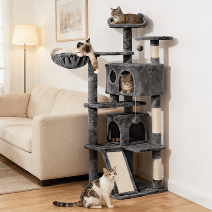 Arbre à chat multiniveaux de 145 cm avec 2 niches – poteaux à griffer en sisal, balle suspendue, plateforme ronde et échelle pour chatons et petits chats d'intérieur, 6 couleurs, cadeau de Noël pour les amoureux des chats