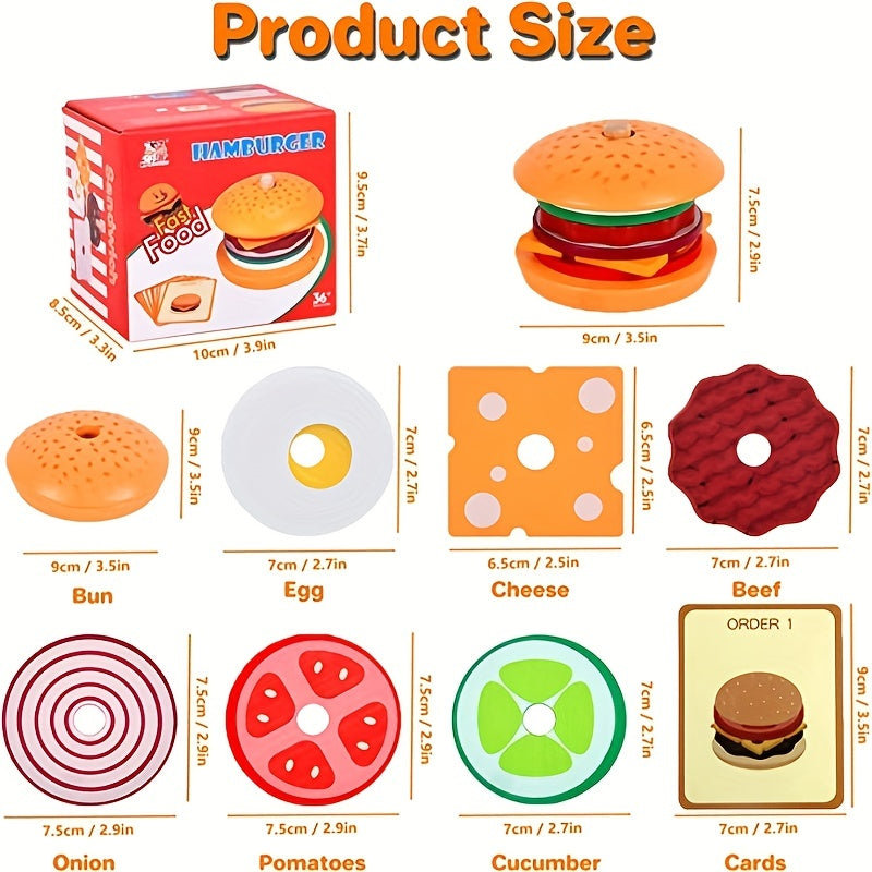 Ensemble de jeu de construction de hamburger en bois, jeu de motricité fine avec pièces alimentaires et cartes de commande, jouet Montessori d'imitation pour tout-petits de 3 ans et plus, cadeau d'anniversaire, d'Halloween, de Thanksgiving et de Noël