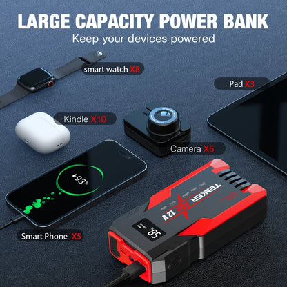 Démarreur de voiture 4000A/6000A avec compresseur d'air 150 PSI – Booster de batterie portable 2-en-1 et gonfleur de pneus, batterie externe à charge rapide USB, lampe de poche à 3 modes pour voitures, camions, motos et SUV