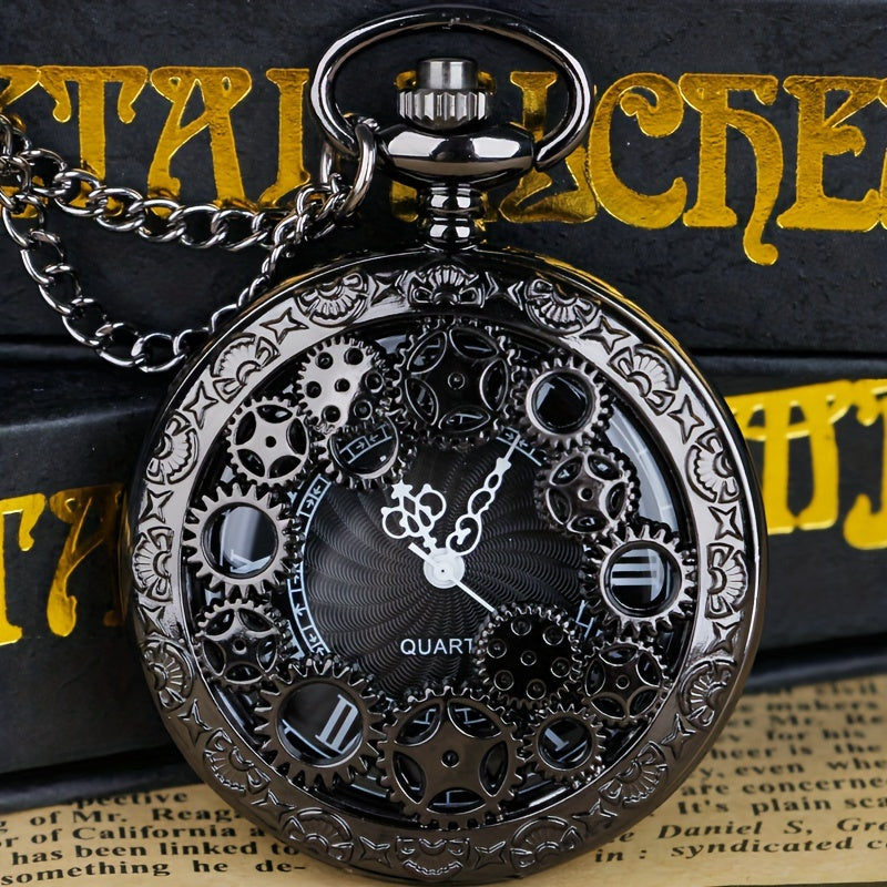 Collier montre de poche à quartz steampunk pour femmes et hommes – Montre pendentif analogique à engrenages creux vintage, collier sautoir, bijou rétro unisexe, cadeau de Noël