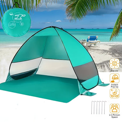 Tente de plage pop-up pour 2-3 personnes, abri solaire portable avec protection UV et revêtement argenté anti-UV, auvent de camping facile à monter avec sac de transport et piquets pour la plage, la pêche, la randonnée et le jardin, bleu et vert
