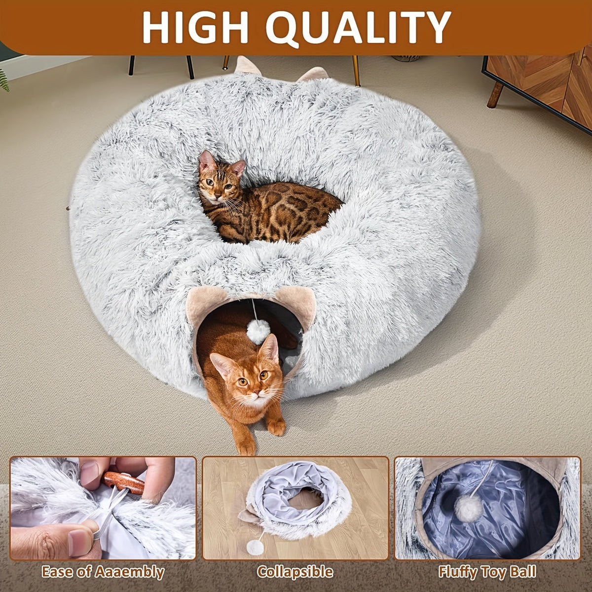 Tunnel pour chat avec lit et trou d'observation – Jouet d'intérieur en peluche douce, cachette multifonctionnelle et parc d'attractions pour chats, chatons et lapins, inclut un foulard pour animal de compagnie, tailles petit, moyen et grand