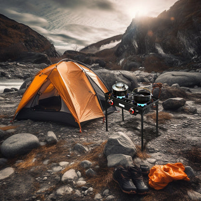 Réchaud de camping portable au propane DR.CAMP – Brûleur en fonte ultra-résistant avec pieds amovibles, options à un ou deux brûleurs, réchaud à gaz haute pression pour le camping, le barbecue, la survie et la cuisine en extérieur