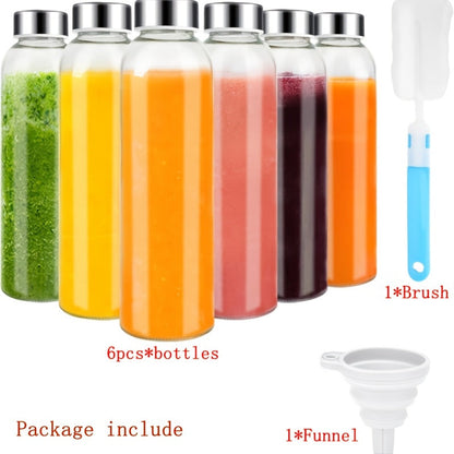 Lot de 6 bouteilles d'eau en verre de 530 ml avec couvercles, bouteilles à jus réutilisables sans BPA avec bouchons en acier inoxydable, contenants 100 % étanches pour réfrigérateur, smoothies et boissons, inclut brosse de nettoyage et entonnoir