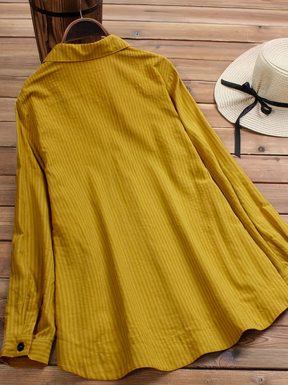 Chemise boutonnée à manches longues rayées pour femme, col à revers, fausse poche, chemisier ample décontracté, jaune, vert olive, printemps, automne, S, M, L, XL, XXL