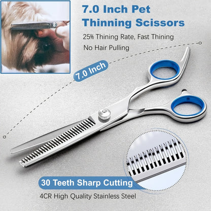 Kit de 7 ciseaux de toilettage pour animaux – Acier inoxydable 4CR avec revêtement en céramique, bouts ronds de sécurité, ciseaux droits, sculpteurs et courbes avec peigne et trousse de rangement pour chiens et chats toutes races
