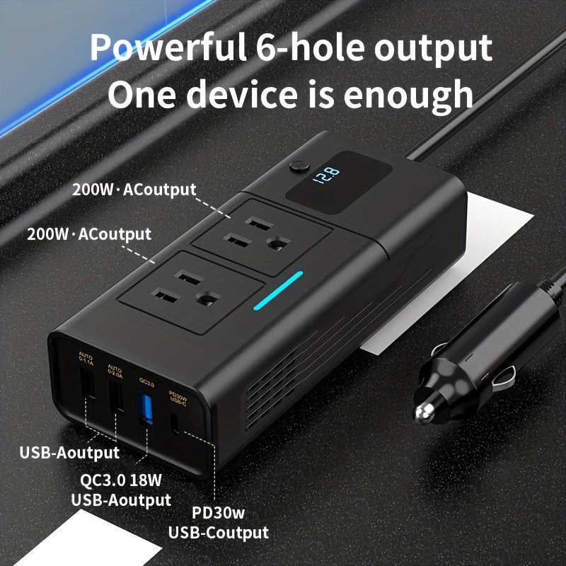 Onduleur de voiture 200W 12V vers 110V AC – Convertisseur DC vers AC avec USB-C, charge rapide QC3.0 et deux ports USB, adaptateur de prise de voiture pour ordinateur portable, téléphone, camping et voyages (aucune batterie requise)