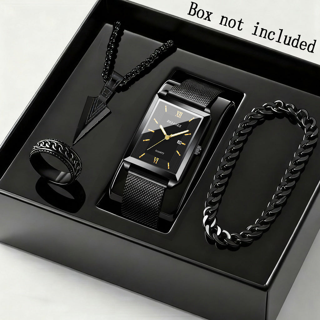 Ensemble montre à quartz et bijoux pour homme, 4 pièces – Montre à affichage de la date avec bracelet en acier inoxydable, collier, bracelet et bague, ensemble cadeau élégant décontracté chic pour homme, disponible en or, argent et noir