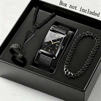 Ensemble montre à quartz et bijoux pour homme, 4 pièces – Montre à affichage de la date avec bracelet en acier inoxydable, collier, bracelet et bague, ensemble cadeau élégant décontracté chic pour homme, disponible en or, argent et noir
