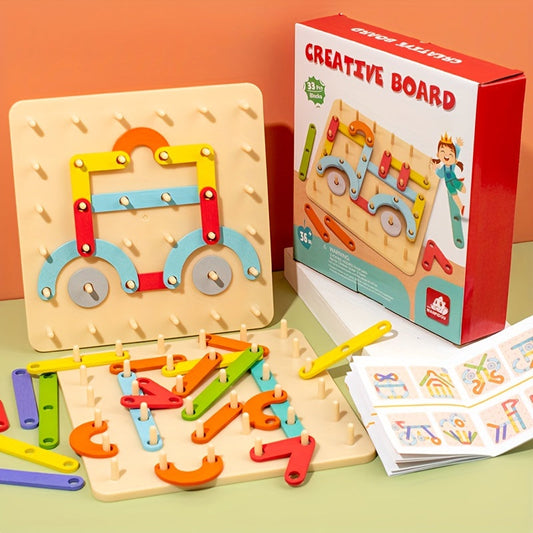 Jouet puzzle à clous en bois pour enfants – Géoplan créatif avec lettres, chiffres et formes géométriques, jouet éducatif sensoriel Montessori, activité de construction parent-enfant, cadeau d'anniversaire, d'Halloween ou de Noël pour filles et garçons