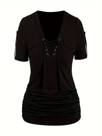Women's Front Eyelet Strappy T-Shirt V-Neck Casual Stretch Smooth Knit Spring Summer Fall Everyday Top Trendy Cutout S M L XL XXL