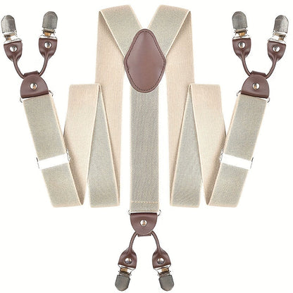 Bretelles pour homme en Y, cuir PU, robustes, avec 6 pinces métalliques – Style vintage élastique et réglable, noir, gris, bleu marine, blanc, café, beige, rouge vin, tenue décontractée et formelle